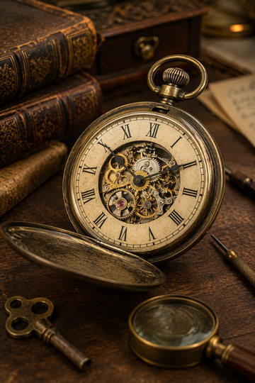Reloj antiguo abierto, mostrando caja, esfera y parte del mecanismo.