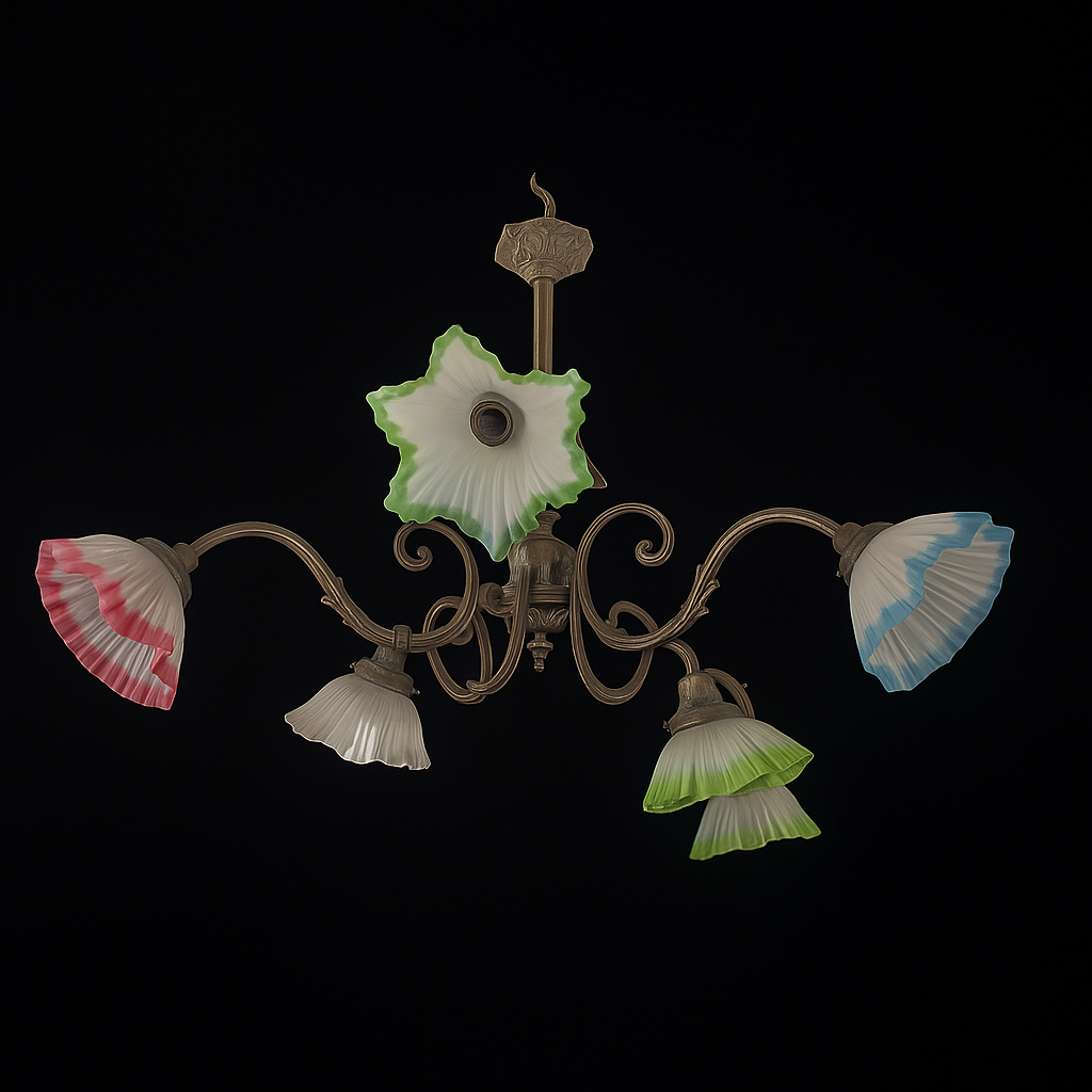 Lámpara de techo vintage con 5 tulipas de cristal opalino en colores verde, azul, rosa y blanco. Diseño decorativo ideal para interiores únicos.