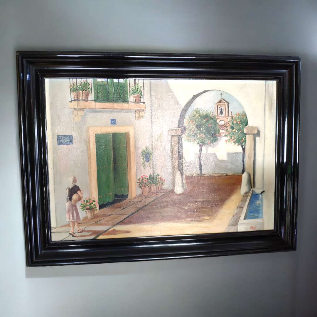 Óleo de paisaje de pueblo con arco y calle empedrada, destacando una mujer con vestido rosa y una iglesia al fondo. Arte rural con encanto para decoración.