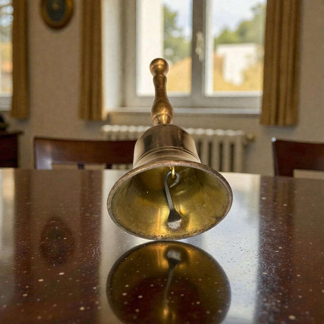 Campana de metal dorado antigua sobre mesa de madera en sala clásica. Decoración elegante para escritorio o recibidor con sonido noble.