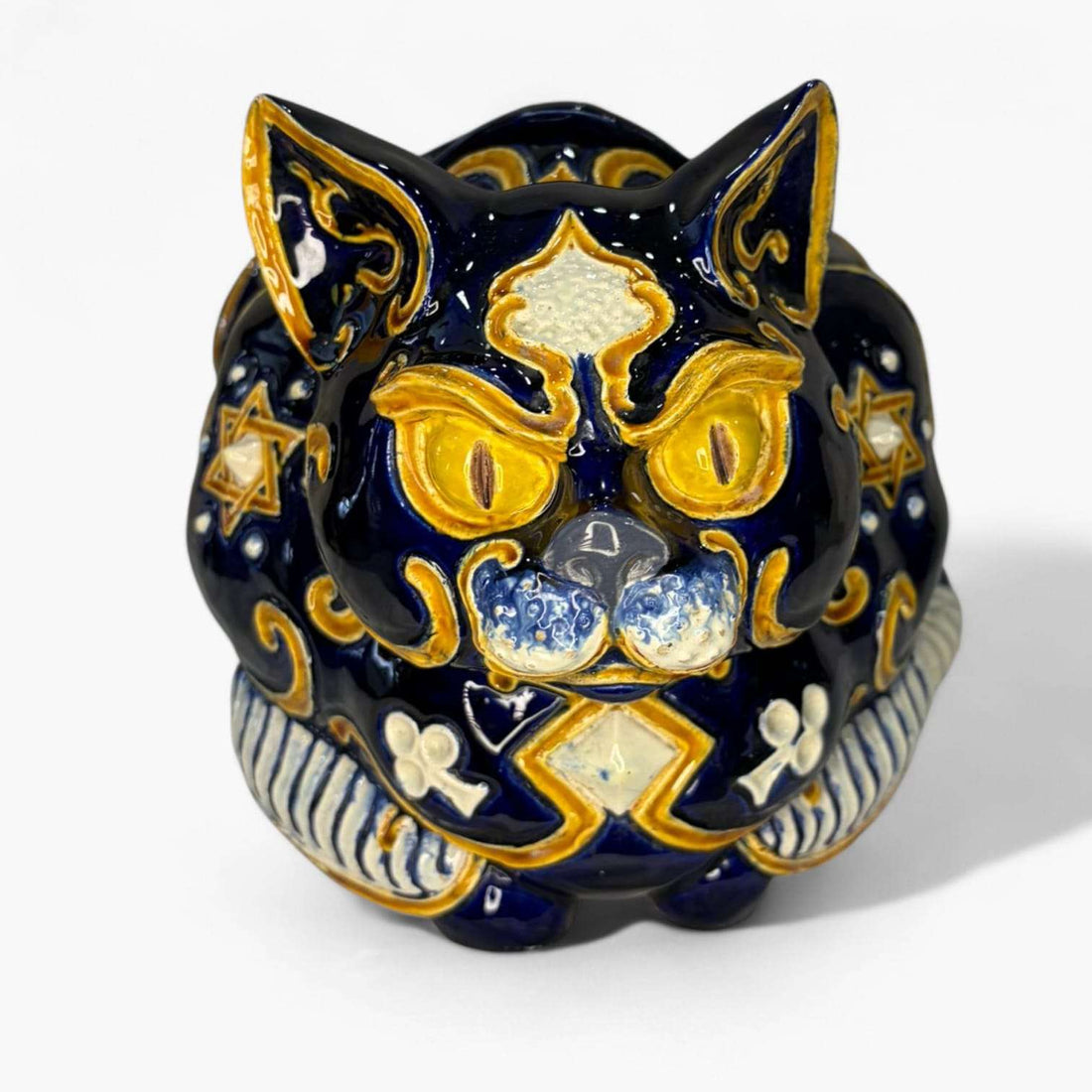 Gato de loza decorativo azul y dorado con tapa escupidera artística