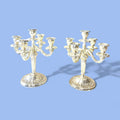 Con medidas de 19,5 x 19,5 x H27,5 cm cada uno, estos Candelabros presentan una composición de cinco luces, con un brazo central elevado y cuatro brazos curvos laterales de gran equilibrio ornamental. 