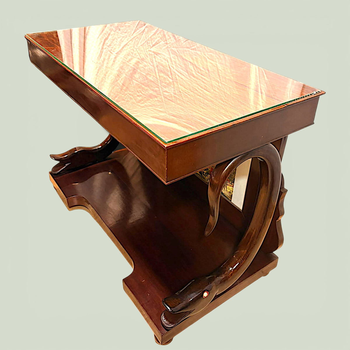 Consola antigua de caoba con cristal y escena de caza - Cositas Antiguas – La Guadaña, Anticuarios Online en Jerez , vender antigüedades, muebles antiguos