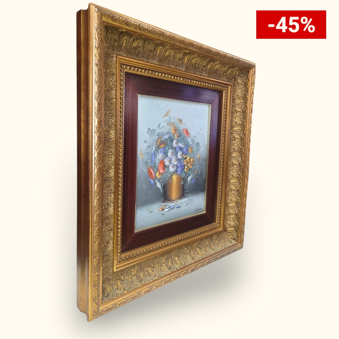 Óleo sobre lienzo floral con marco dorado, arte decorativo elegante. Pintura con flores vibrantes en canasto, ideal para realzar cualquier espacio.