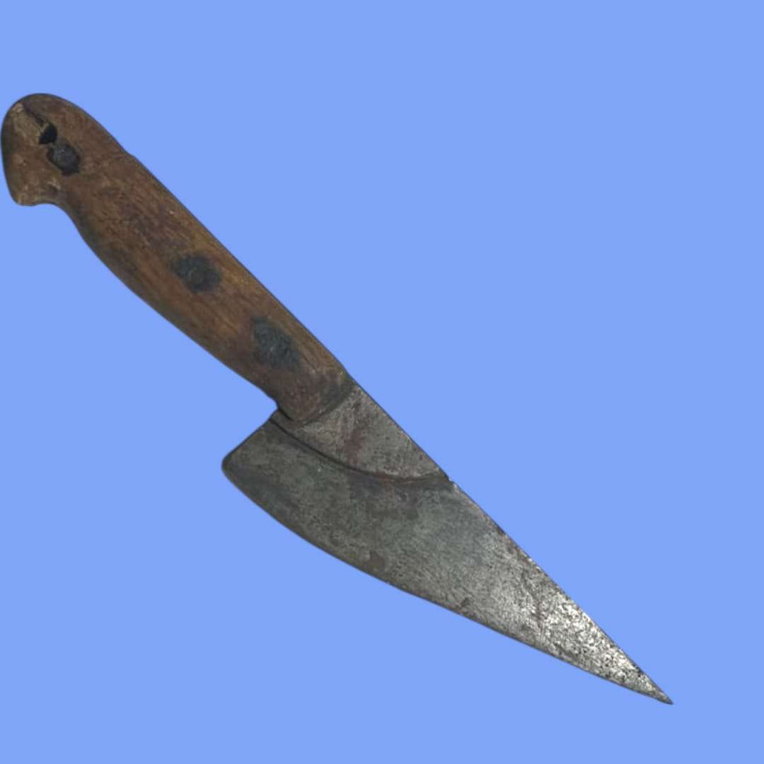 Vista completa del cuchillo de carnicero antiguo sobre fondo neutro.