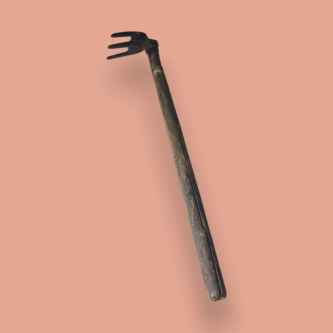 Rastrillo antiguo de hierro forjado con mango de madera.