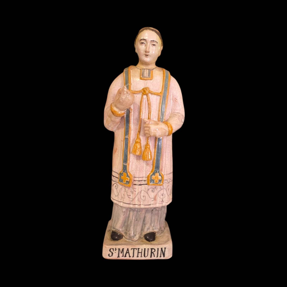 Figura de San Mathurin en terracota pintada a mano, ideal para decoración religiosa en el hogar. Pieza artesanal de arte y devoción cristiana.
