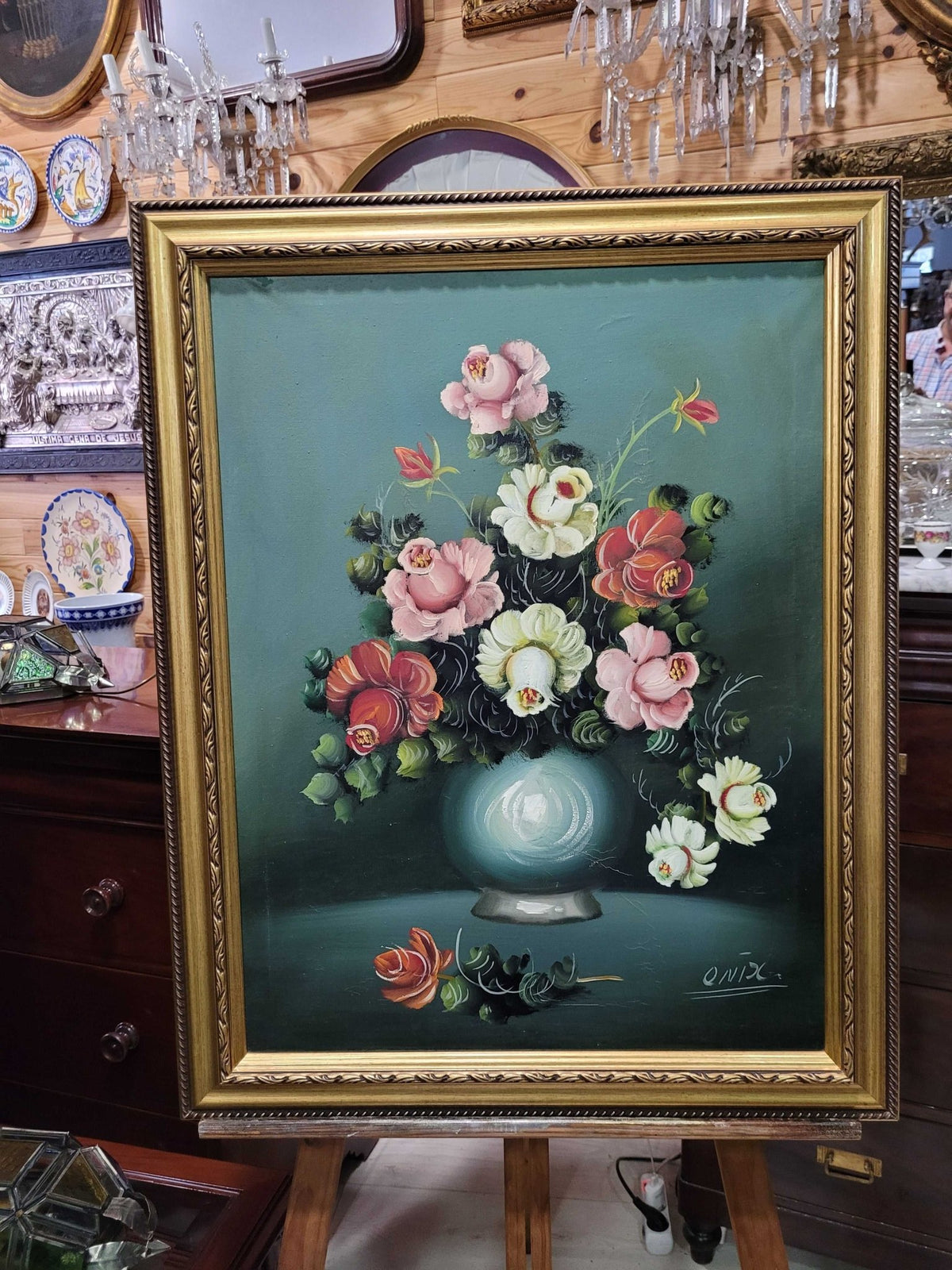 Óleo de florero con marco dorado – Firma Onix - Cositas Antiguas – La Guadaña, Anticuarios Online en Jerez , vender antigüedades, muebles antiguos