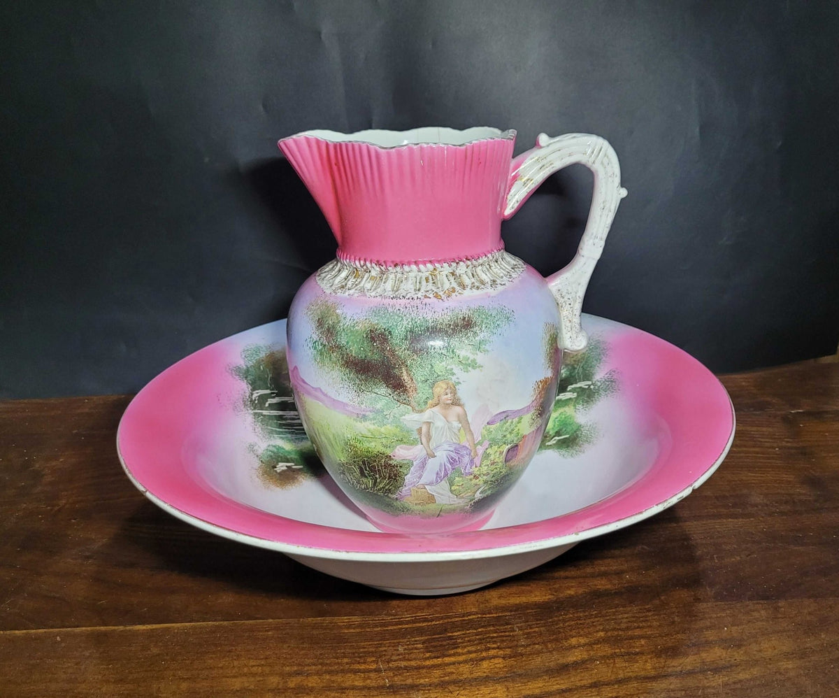 Aguamanil, Jarra y Palangana de Porcelana de Sevilla Siglo XIX - Cositas Antiguas – La Guadaña, Anticuarios Online en Jerez , vender antigüedades, muebles antiguos