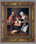 Óleo 'La Sagrada Familia', reproducción de Zurbarán por A. González en un marco ornamentado. Pintura religiosa de alta calidad para decoración.