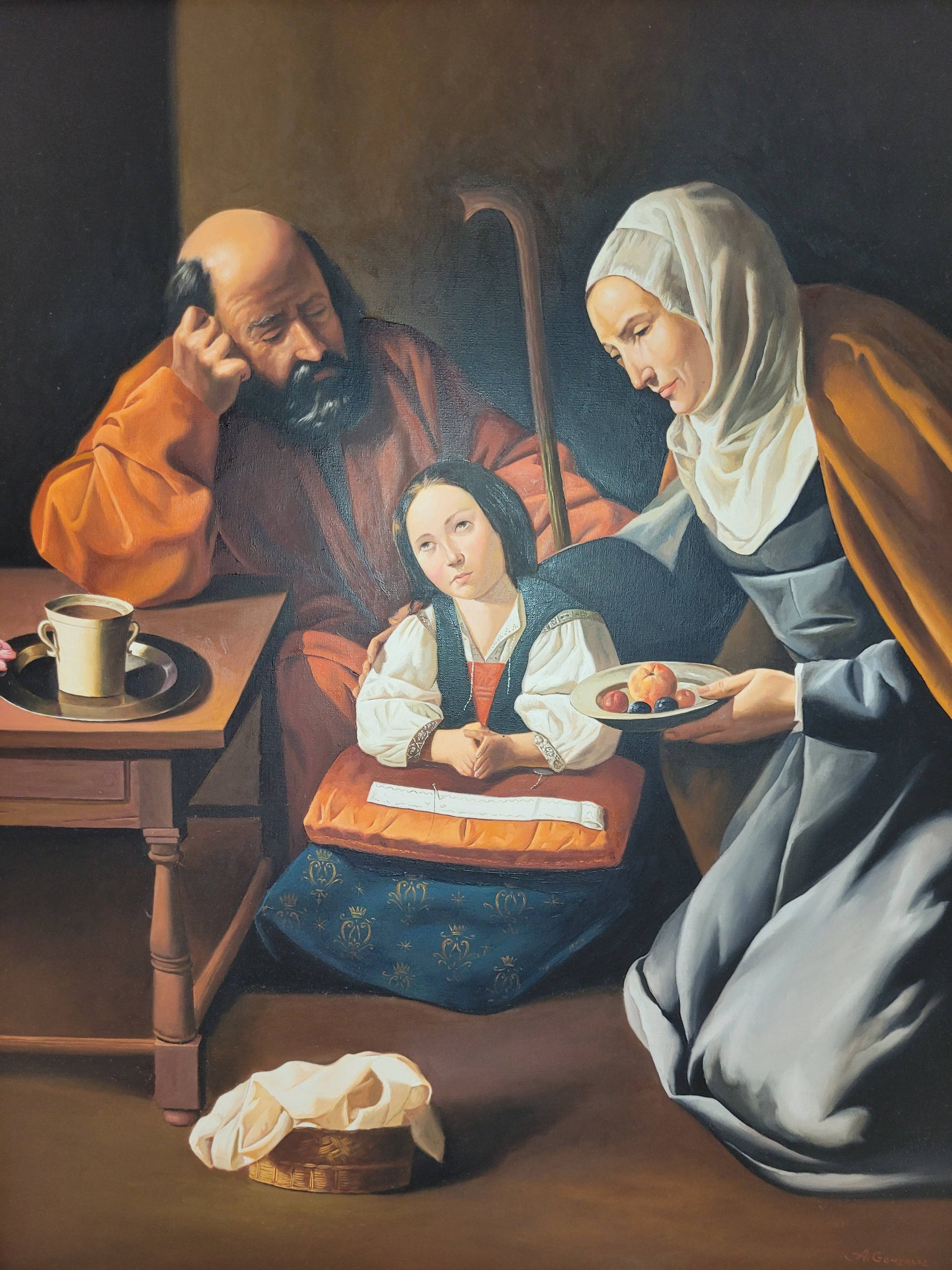 Detalle del óleo 'La Sagrada Familia', copia de Zurbarán por A. González. Representación artística con colores vibrantes y realismo excepcional.