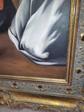 Firma de A. González en la reproducción del óleo 'La Sagrada Familia' de Zurbarán. Pintura decorativa con marco elegante y detalles refinados.